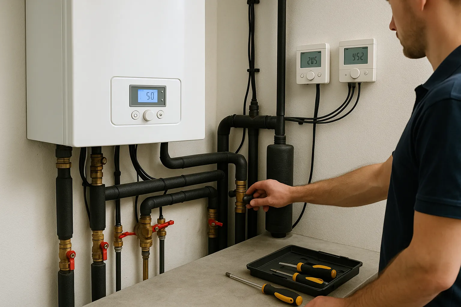 The technician is actively inspecting and adjusting the heating system for optimal performance. — Automatyka kotłowni –…