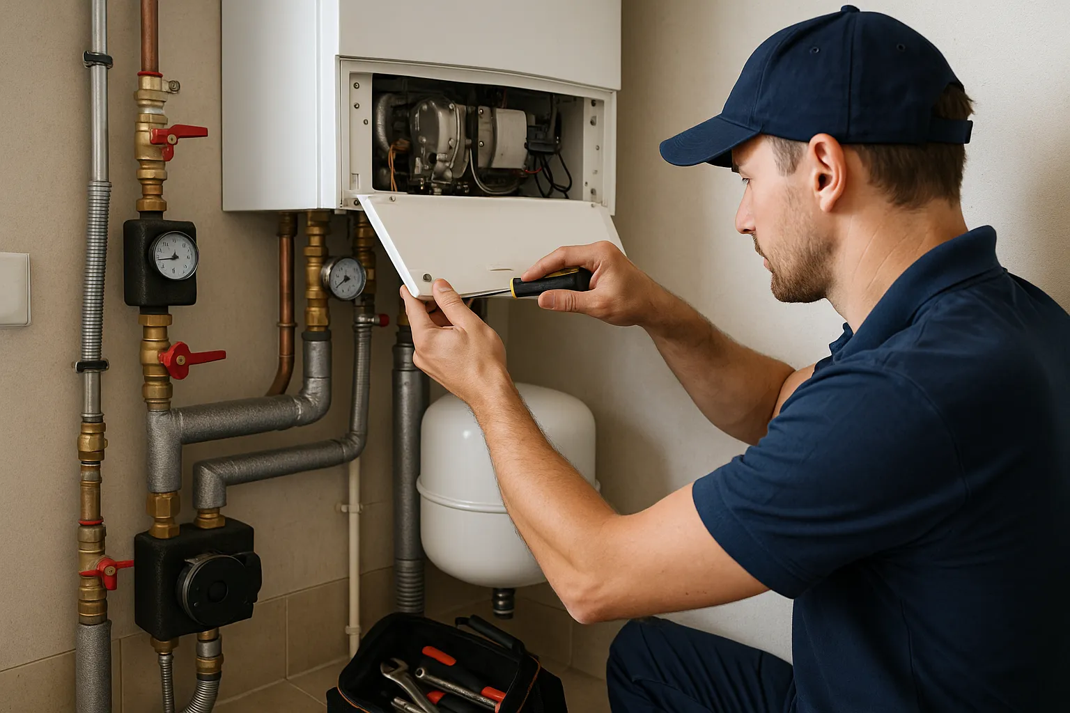 The technician is conducting routine maintenance to ensure the heating system operates effectively. — Automatyka węzłów…