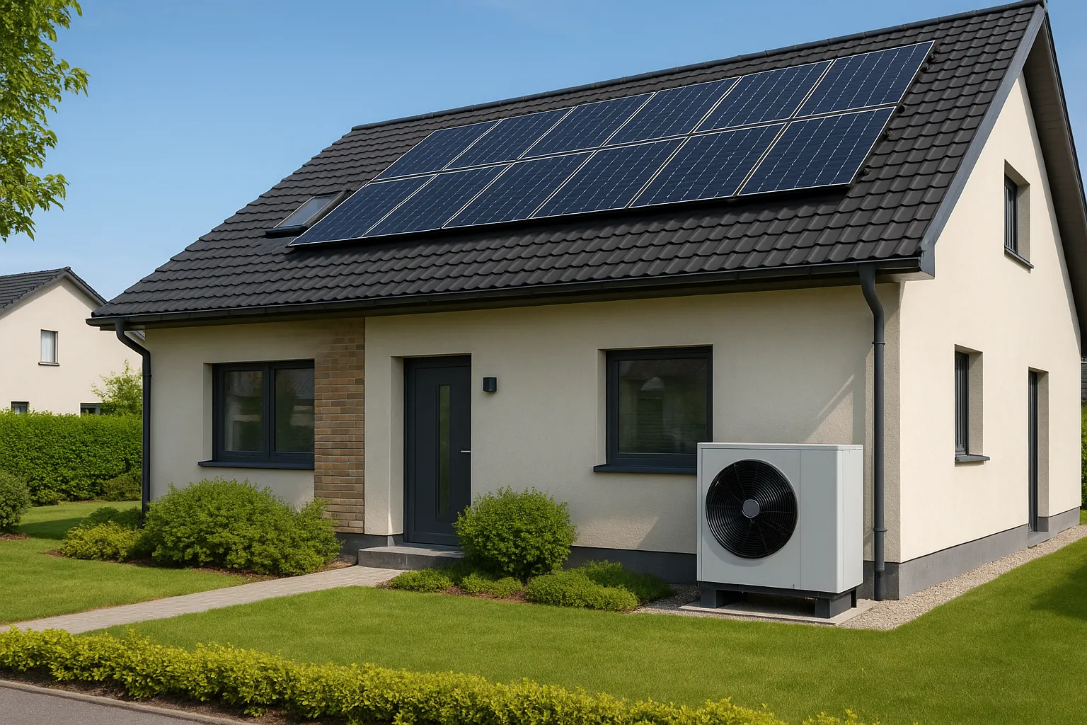 An exterior view of a modern suburban home equipped with solar panels and an air-to-water heat pump, highlighting energ…