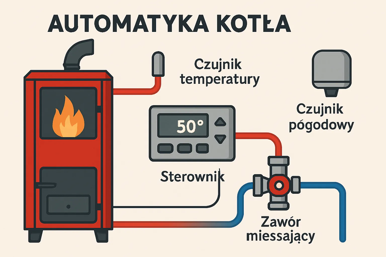 Schemat automatyki kotła z elementami sterującymi.