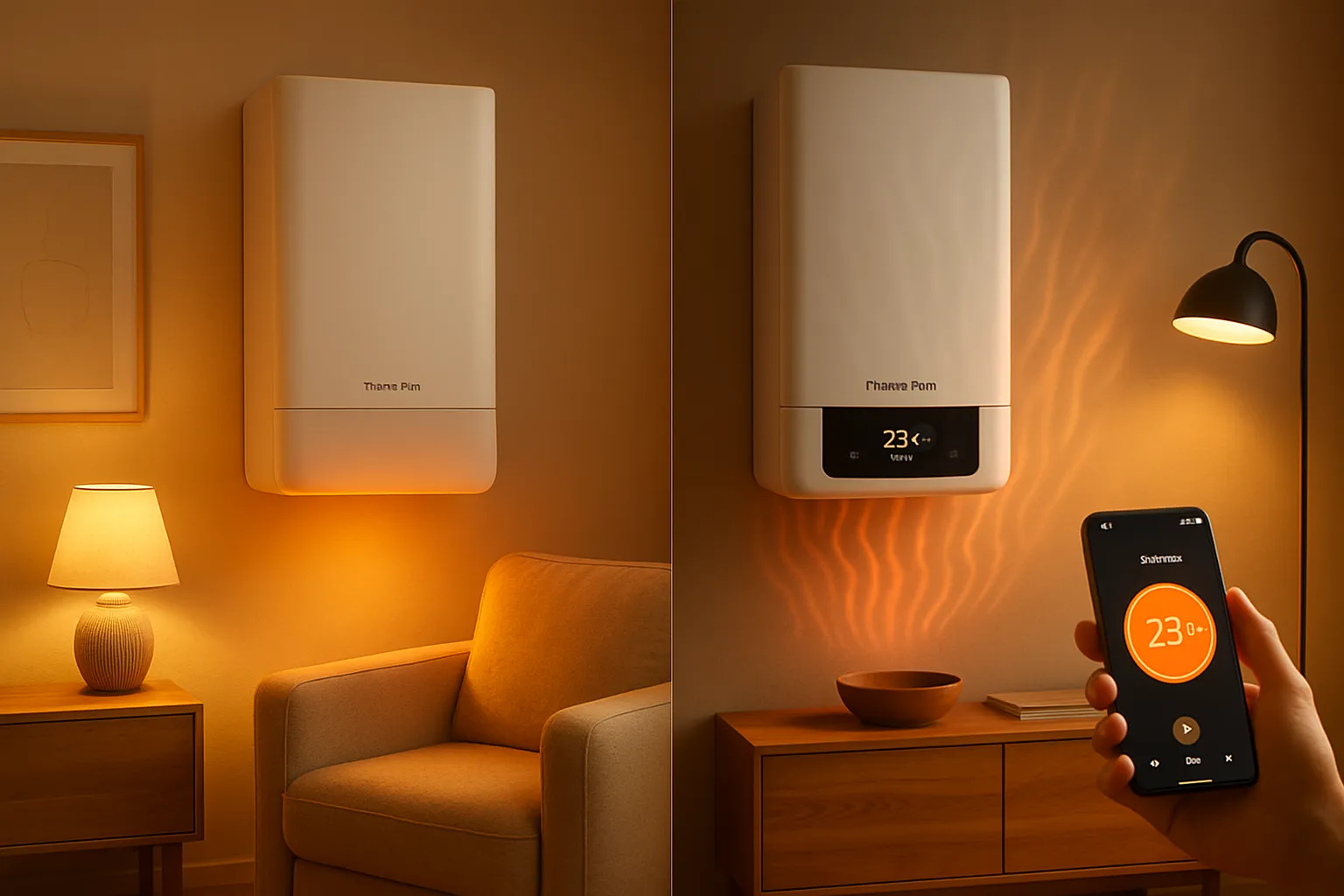 Wnętrze domu z porównaniem dwóch trybów grzania systemu ThermoCore.