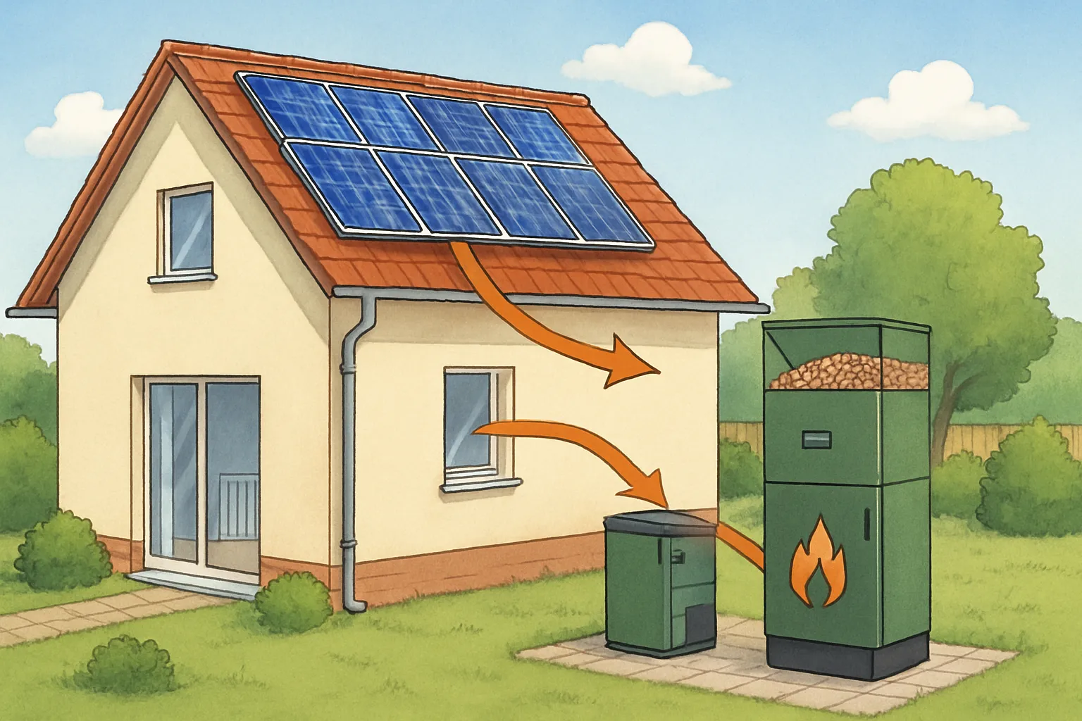 Nowoczesny dom z systemem ogrzewania i odnawialnymi źródłami energii.