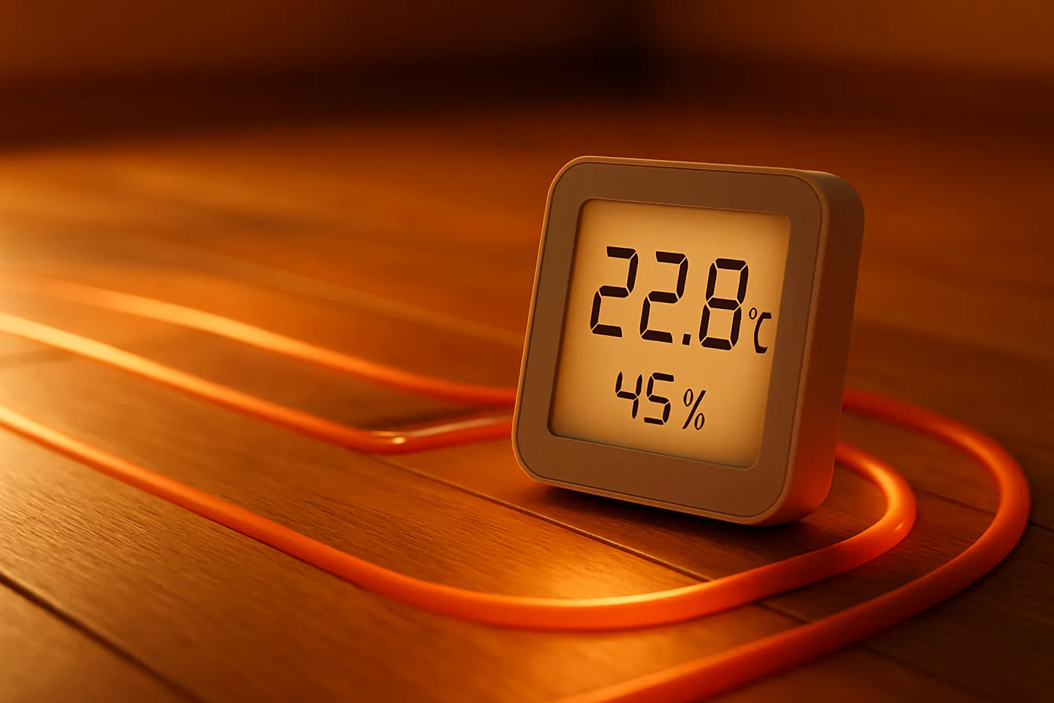 Czujnik temperatury na podłodze z ogrzewaniem podłogowym, emanujący ciepłem w przytulnym wnętrzu.