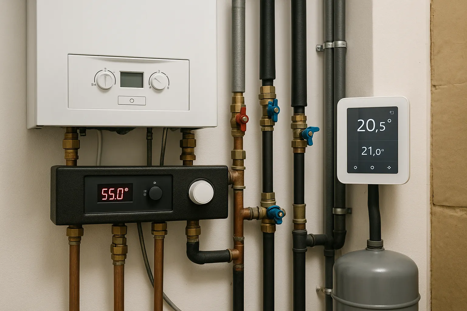 A hybrid heating system with visible control panels and digital displays illustrating both manual and automated feature…