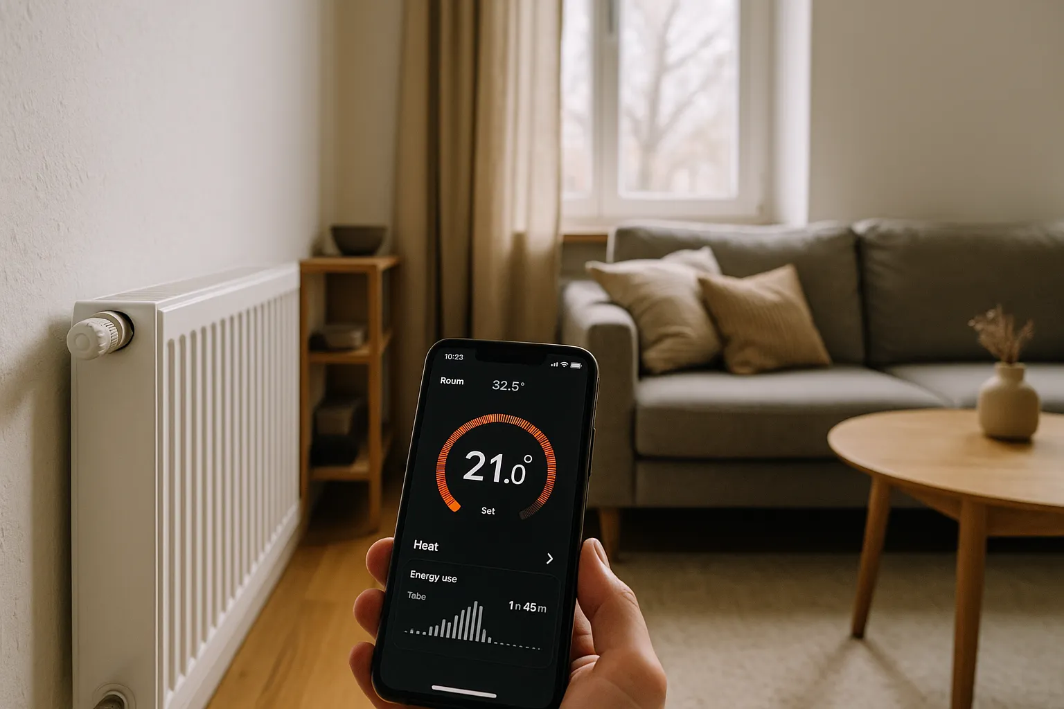 A modern living room equipped with a smart thermostat displaying temperature settings and energy usage statistics. — Ja…