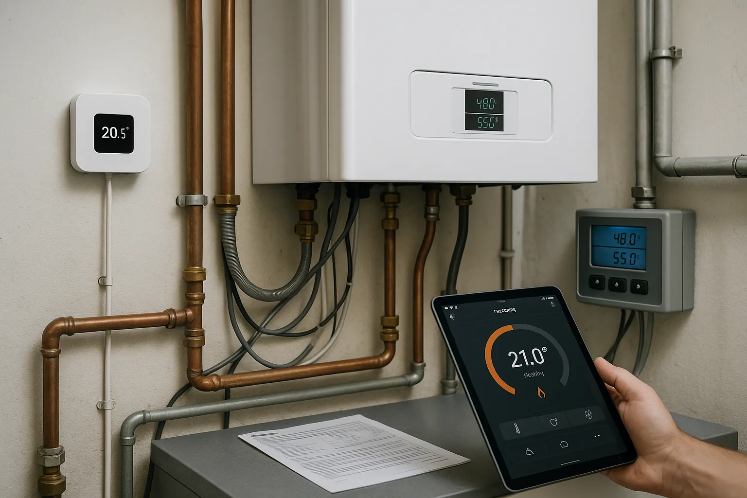 The scene captures the essence of monitoring and managing heating systems through advanced technology. — Jak rozwiązać:…
