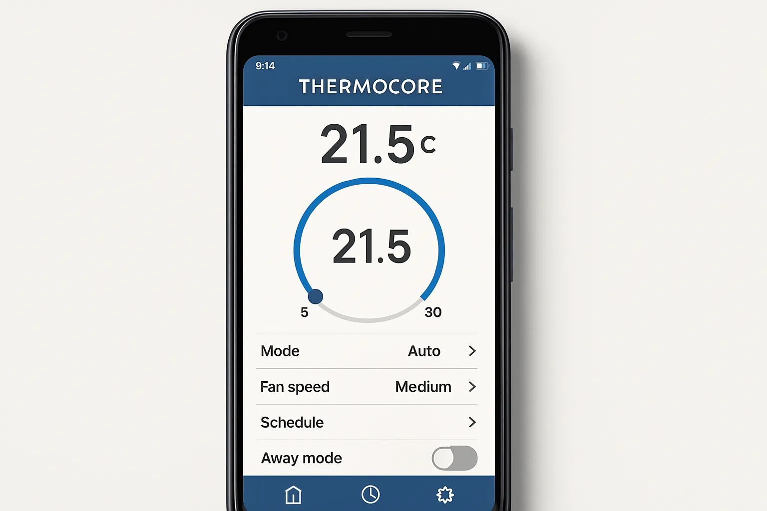 Interfejs użytkownika ThermoCore z różnymi opcjami ustawień.