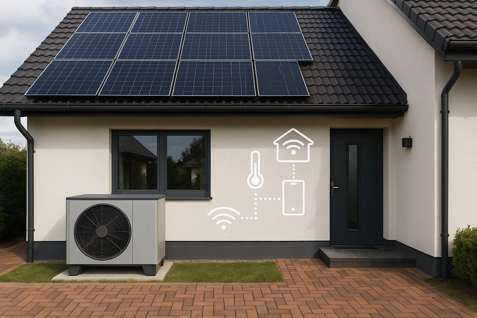 A residential exterior view showcasing a modern home equipped with various energy-efficient technologies. — Monitoring…