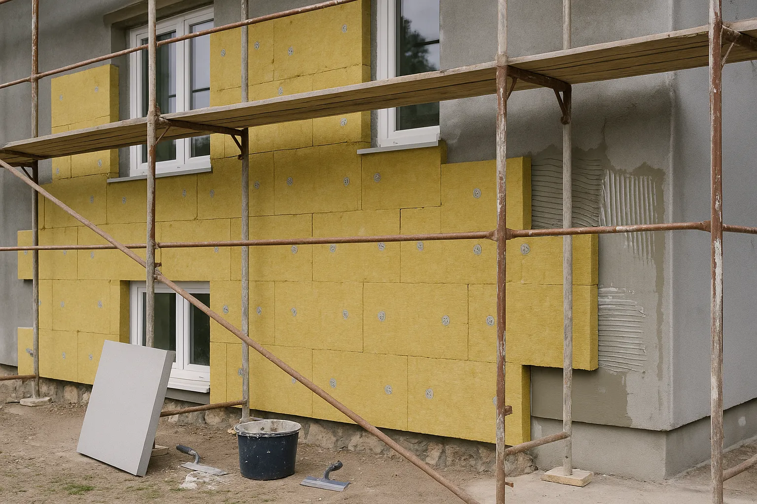 Workers applying insulation to the exterior walls of the home. — Na co zwrócić uwagę przy ograniczeniu kosztów ogrzewan…