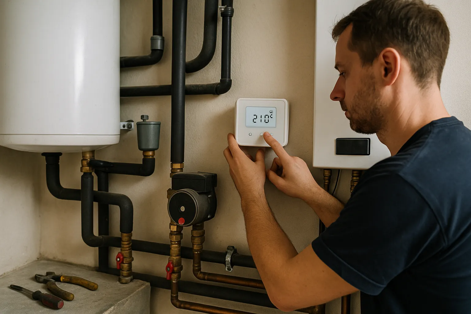 The technician is actively installing a heating control unit, focusing on maximizing the system's efficiency. — Na co z…