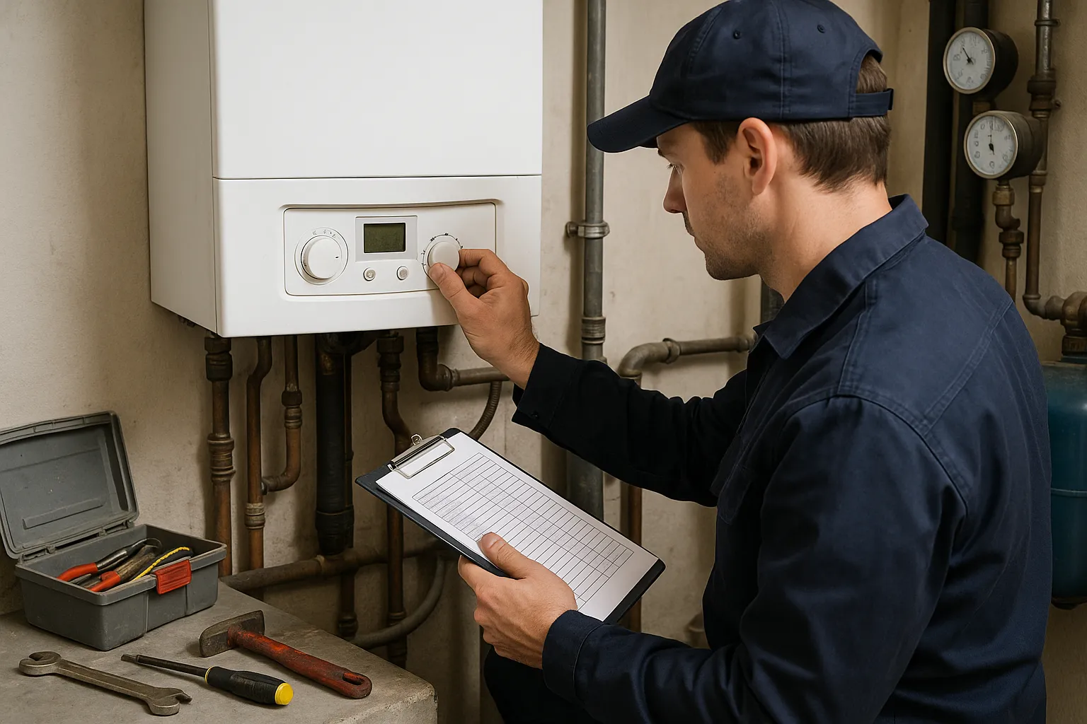 A technician is checking the boiler's settings and inspecting its condition before the homeowner's absence. — Na co zwr…