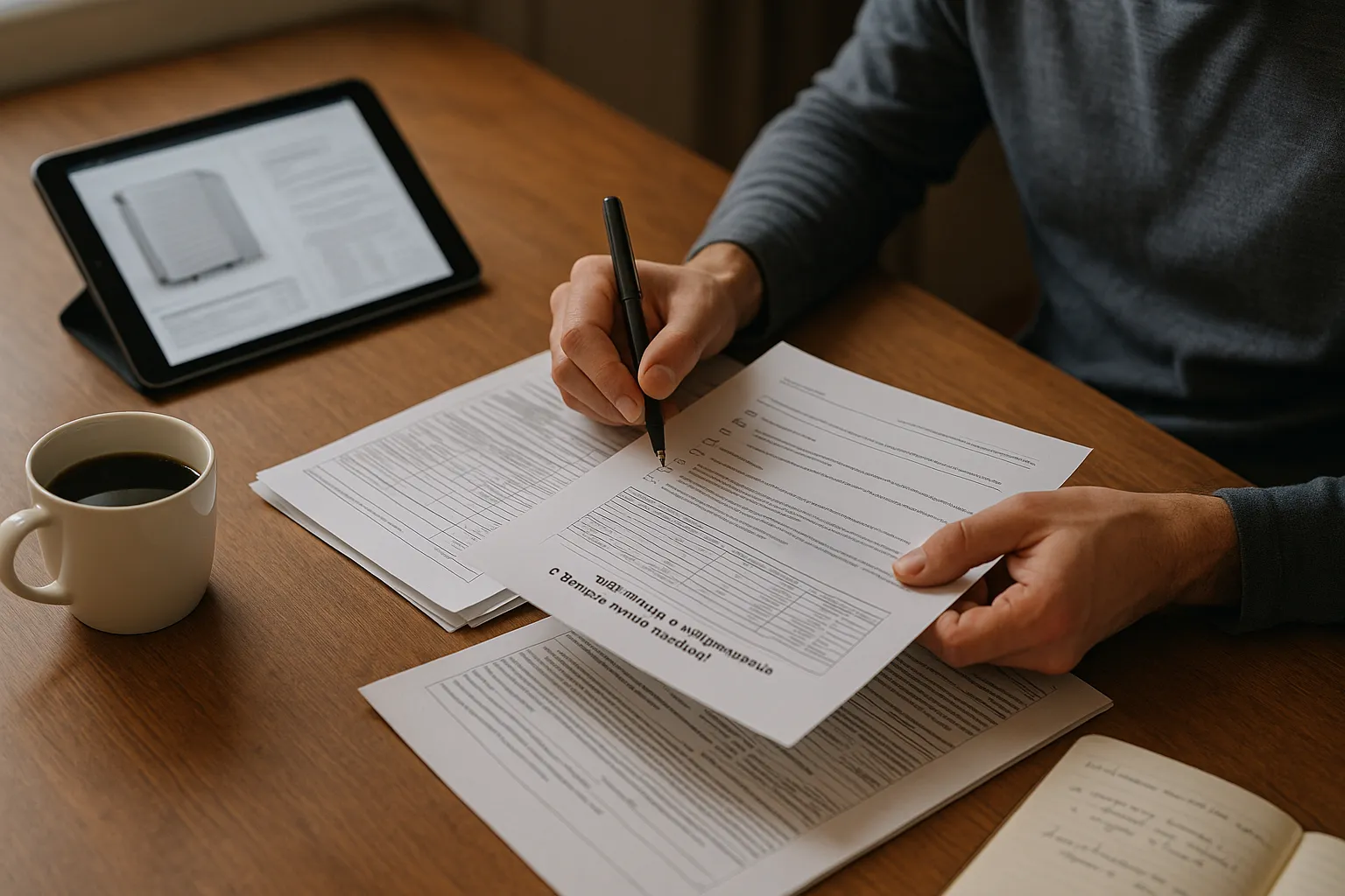 A person is casually reviewing documents, adding notes, and preparing their application. — Najczęstsze błędy we wnioska…