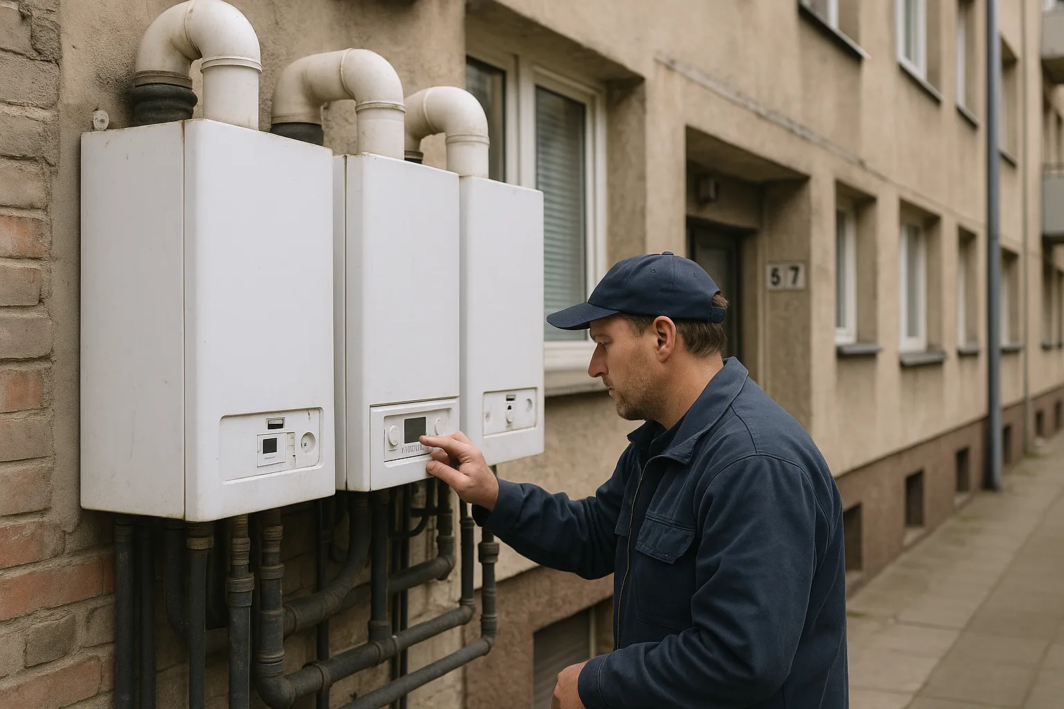The technician is adjusting or inspecting the heating system to ensure it meets the building's heating needs. — Sterown…